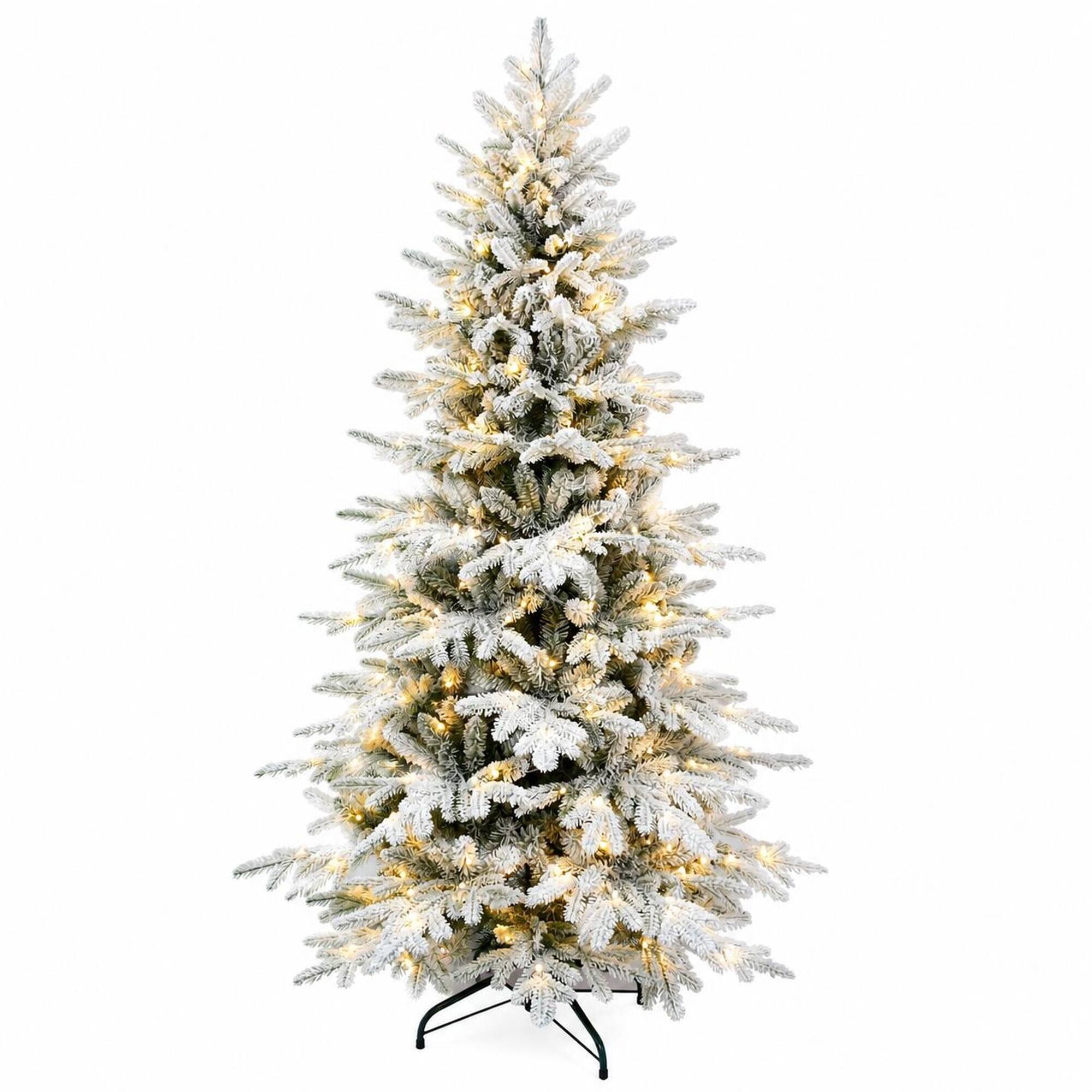 Front. RYHNUYNE - 6FT Pre-Lit Flocked Christmas Tree With 300 Two-Color LED Lights and 1582 Tips, 9 Modes and Metal Stand - Green,White.