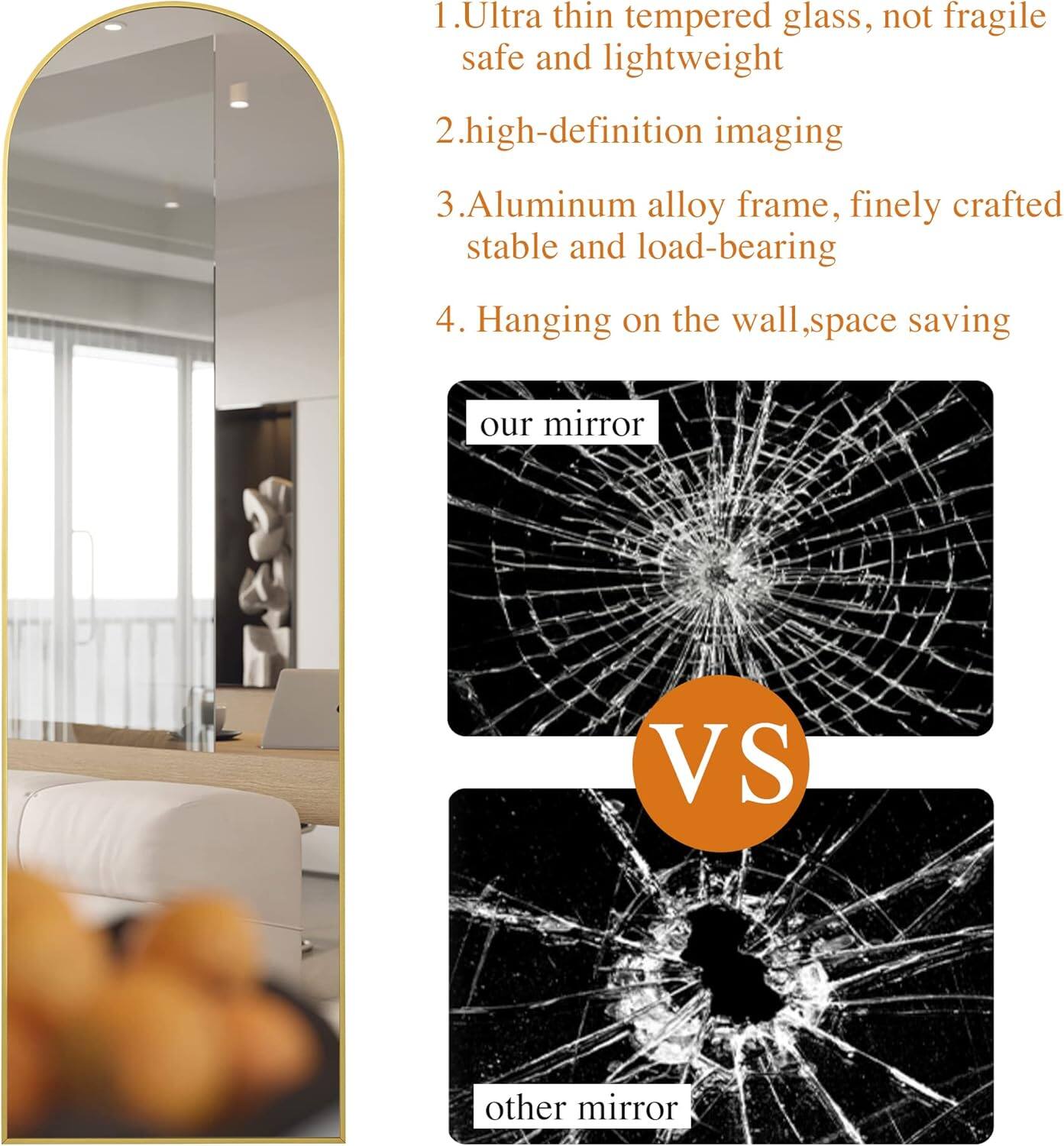 1. Ultra thin tempered glass, not fragile, safe and lightweight  
2. High-definition imaging  
3. Aluminum alloy frame, finely crafted, stable and load-bearing  
4. Hanging on the wall, space saving  

Our mirror vs other mirror