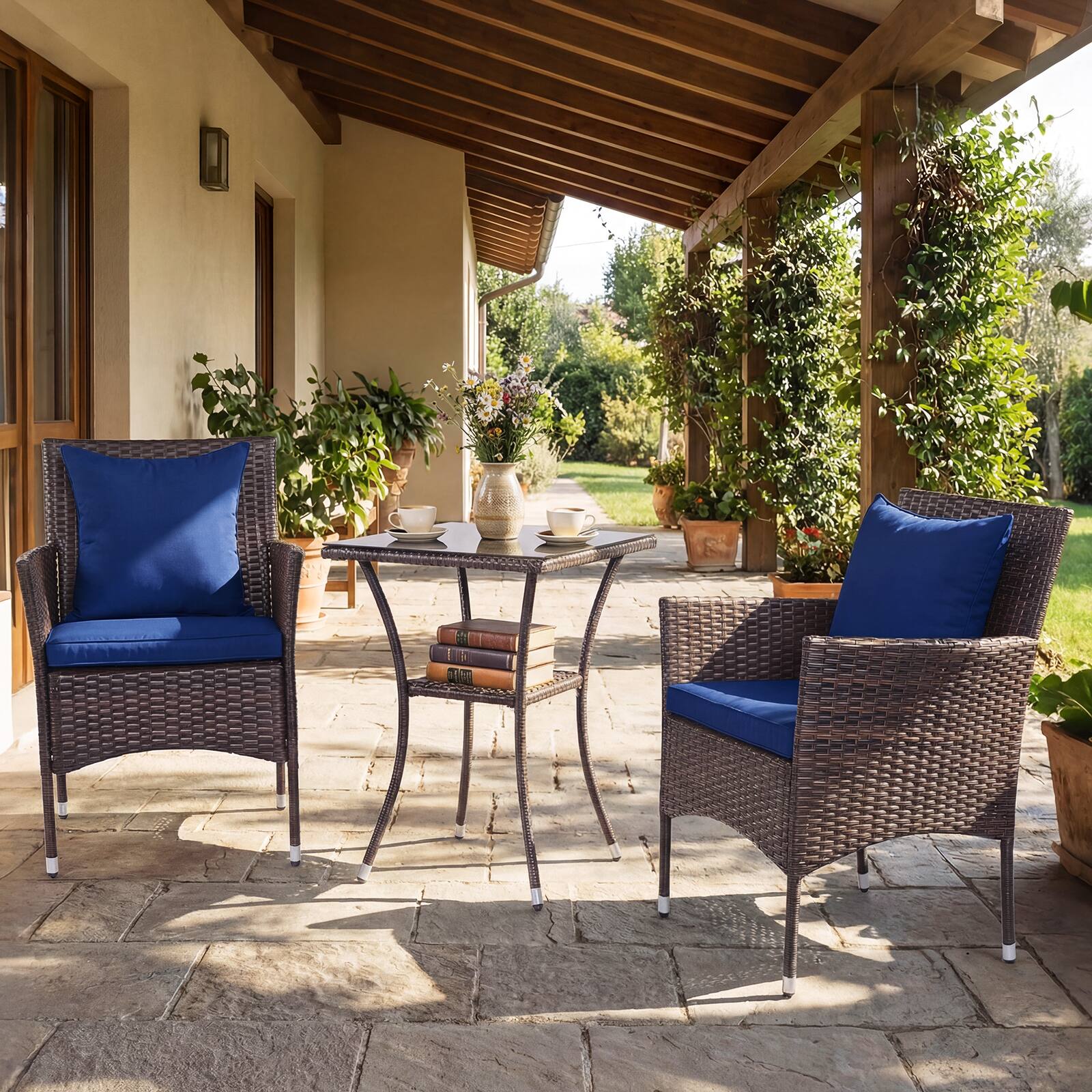 Alt View 4. Costway - Costway 3PCS Patio Wicker Bistro Set, 2 Rattan Chairs with Double-Tier Tempered Glass Table - Mix Brown + Blue.