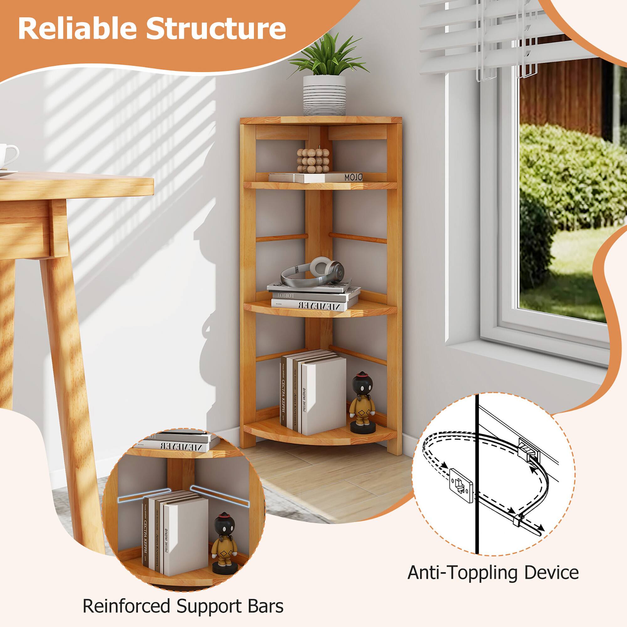 Alt View 8. Gymax - Gymax 2PCS 4-Tier Corner Shelf w/ Rubber Wood Frame Anti-Toppling Kit for Living Room - Natural.