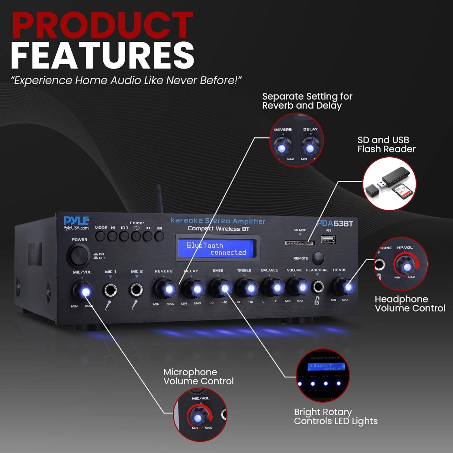 **PRODUCT FEATURES**

"Experience Home Audio Like Never Before!"

- Separate Setting for Reverb and Delay
- SD and USB Flash Reader
- Compact Wireless BT
- Bluetooth Connected
- Headphone Volume Control
- Microphone Volume Control
- Bright Rotary Controls LED Lights

**PYLE**
- PyleUSA.com
- karaoke Stereo Amplifier
- PDA63BT
- POWER
- MIC/VOL
- REVERB
- DELAY
- BASS
- TREBLE
- BALANCE
- VOLUME
- HEADPHONE
- HP/VOL
- REMOTE
- SD/MMC
- USB
- Folder
- Bluetooth Connected