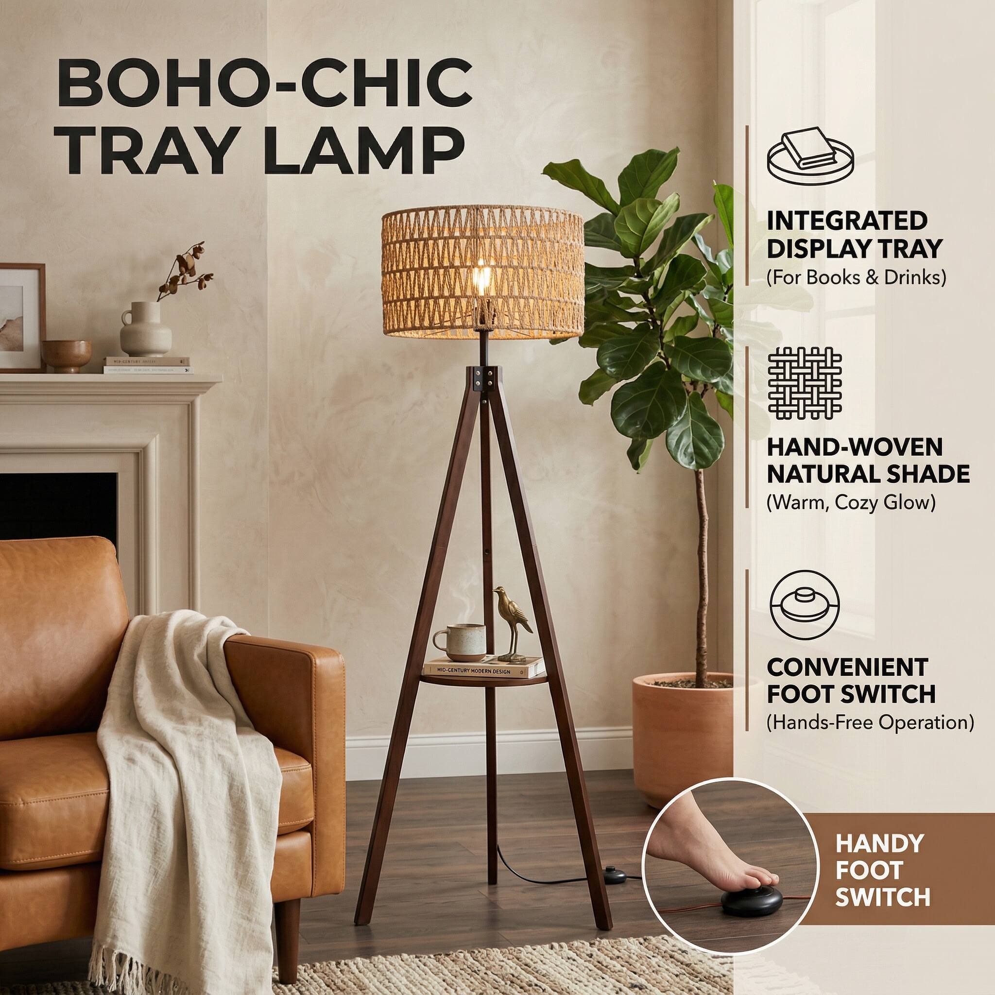 BOHO-CHIC TRAY LAMP

- INTEGRATED DISPLAY TRAY (For Books & Drinks)
- HAND-WOVEN NATURAL SHADE (Warm, Cozy Glow)
- CONVENIENT FOOT SWITCH (Hands-Free Operation)
- HANDY FOOT SWITCH