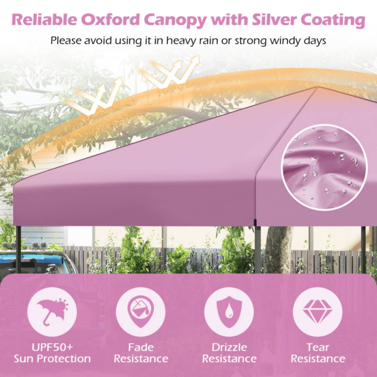 Reliable Oxford Canopy with Silver Coating  
Please avoid using it in heavy rain or strong windy days  

- UPF50+ Sun Protection  
- Fade Resistance  
- Drizzle Resistance  
- Tear Resistance