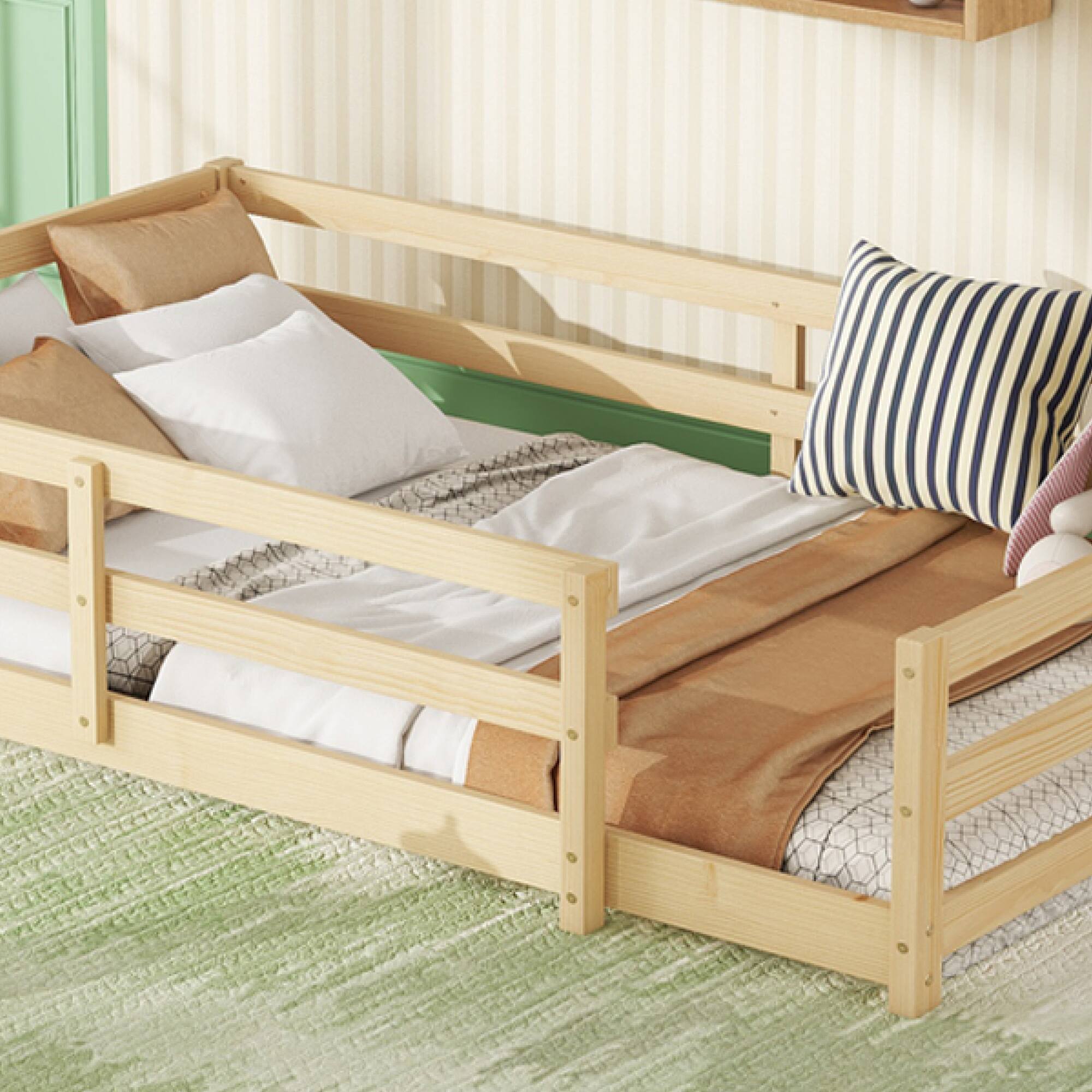Alt View 5. GOODSILO - Twin Size Floor Bed for Kids with Safety Fence, Sturdy Wooden Montessori Style Bed Frame for Boys and Girls - Oak.
