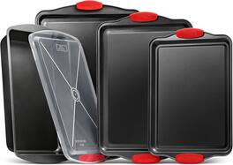 Bakken- Swiss - 5-Piece Nonstick Cookie Sheet Pan Set – Carbon Steel Baking Trays with Gray Coating, Lid & Roaster Pan - Black