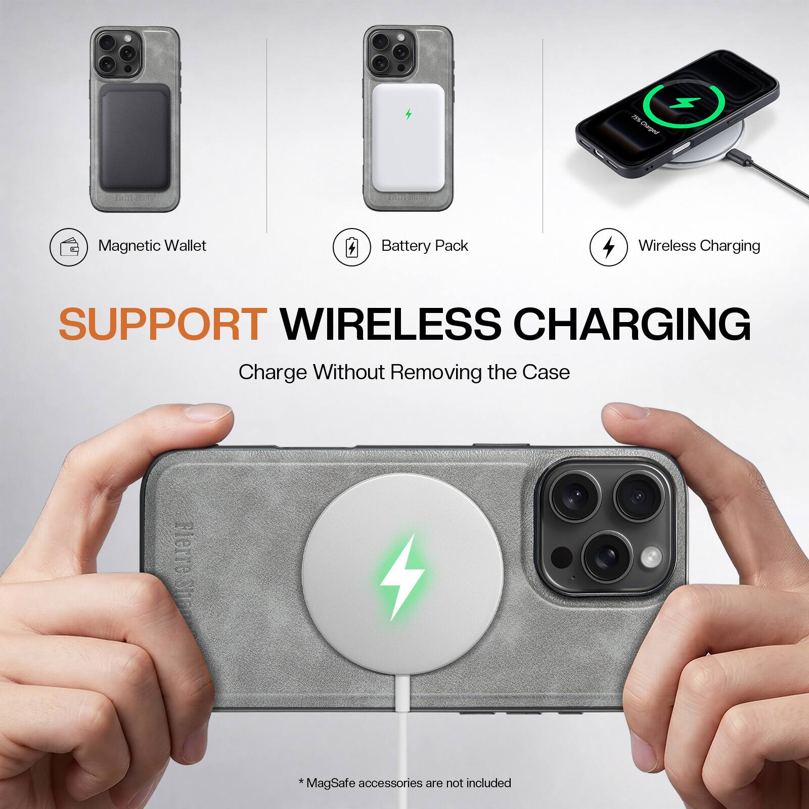 NSI Charged  
Magnetic Wallet  
Battery Pack  
Wireless Charging  
SUPPORT WIRELESS CHARGING  
Charge Without Removing the Case  
*MagSafe accessories are not included