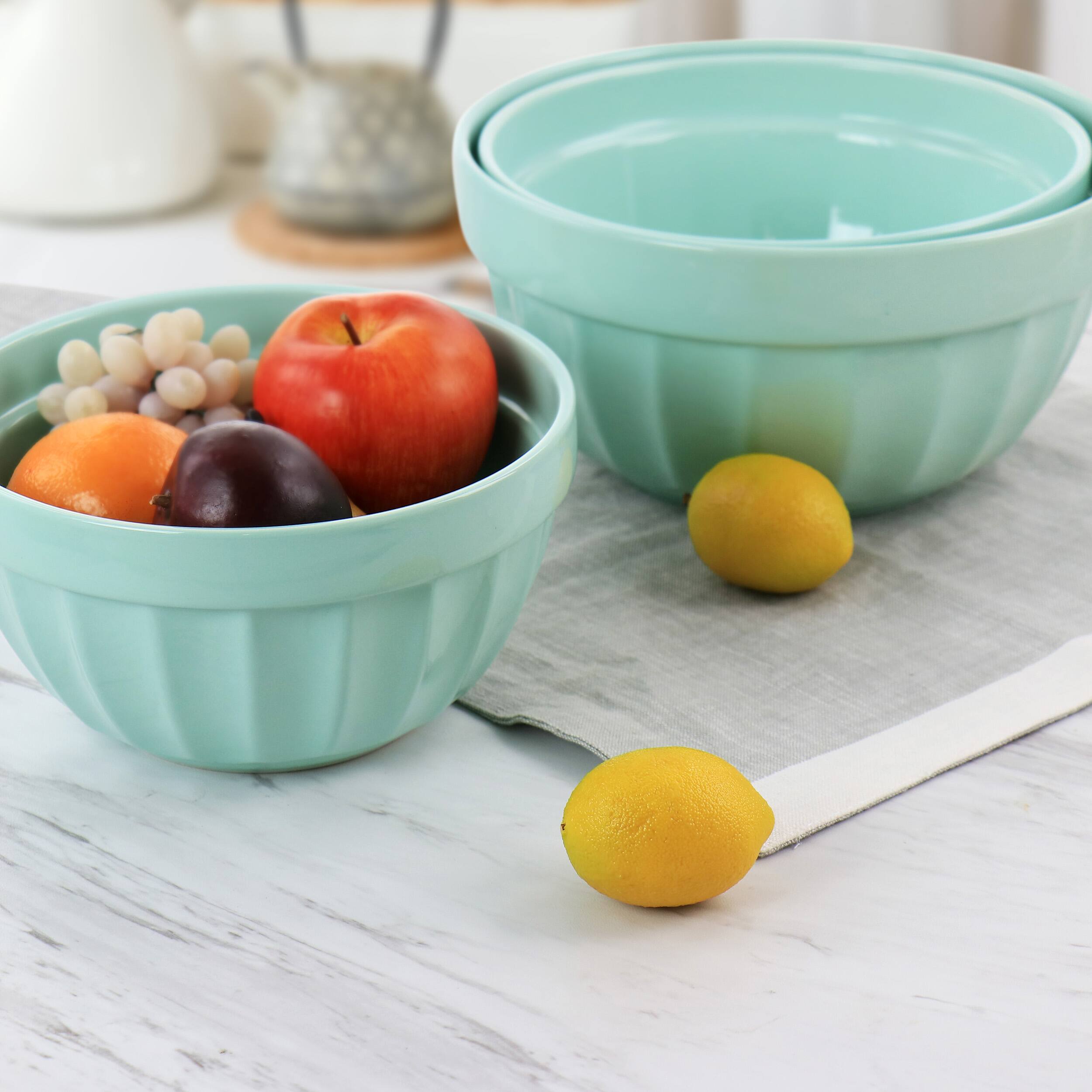 Alt View 7. Martha Stewart - Martha Stewart 3 Piece Stoneware Bowl Set in Turquoise - Blue.
