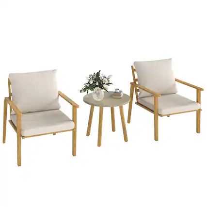 Front. Outsunny - Outdoor Bistro Set, 3 Piece Patio Set, Wood Effect Steel Round Table and Chairs with Wide and Deep Seat - Cream White.