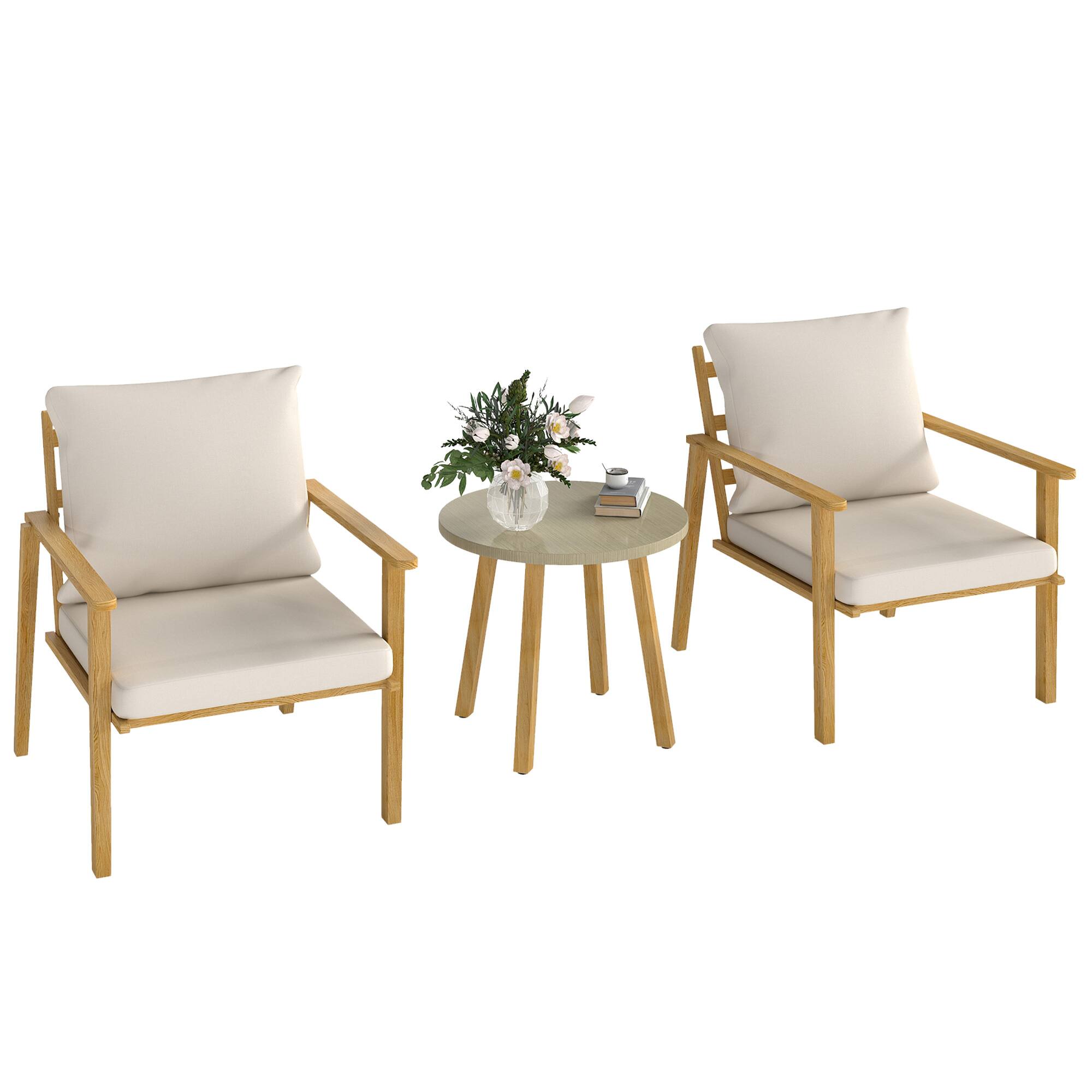Front. Outsunny - Outdoor Bistro Set, 3 Piece Patio Set, Wood Effect Steel Round Table and Chairs with Wide and Deep Seat - Cream White.