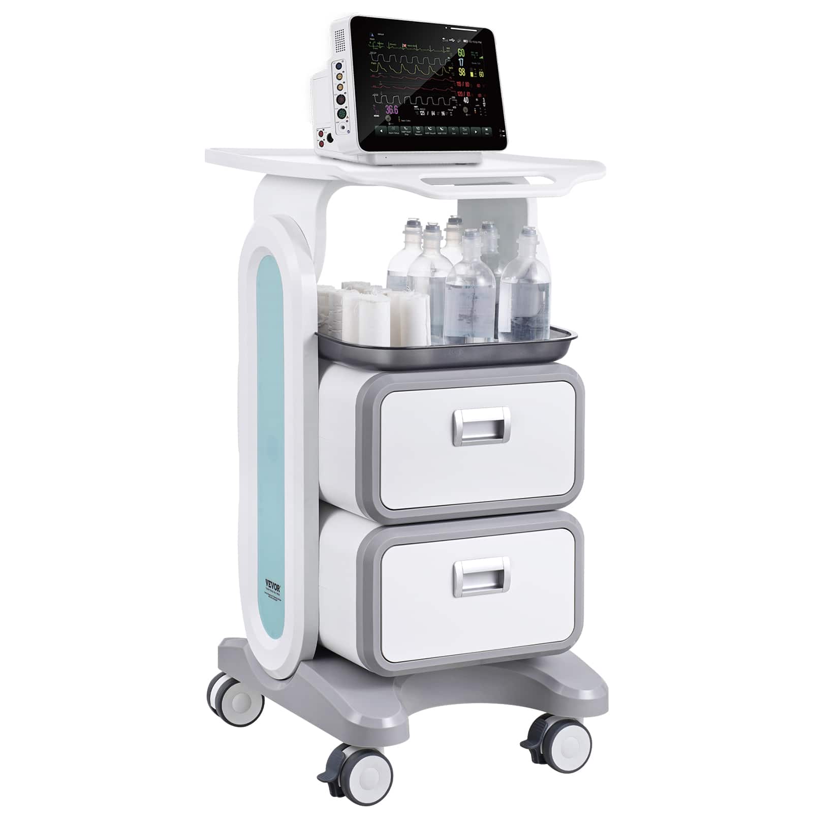 VEVOR - 3 Tiers Lab Carts, Lab Utility Cart with 2 Drawers & 1 Top Tray, Mobile Medical Cart with ABS Material, 4 Silent Wheels - White
