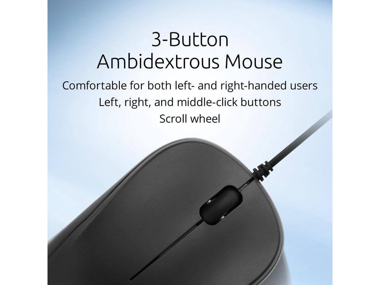 3-Button Ambidextrous Mouse  
Comfortable for both left- and right-handed users  
Left, right, and middle-click buttons  
Scroll wheel