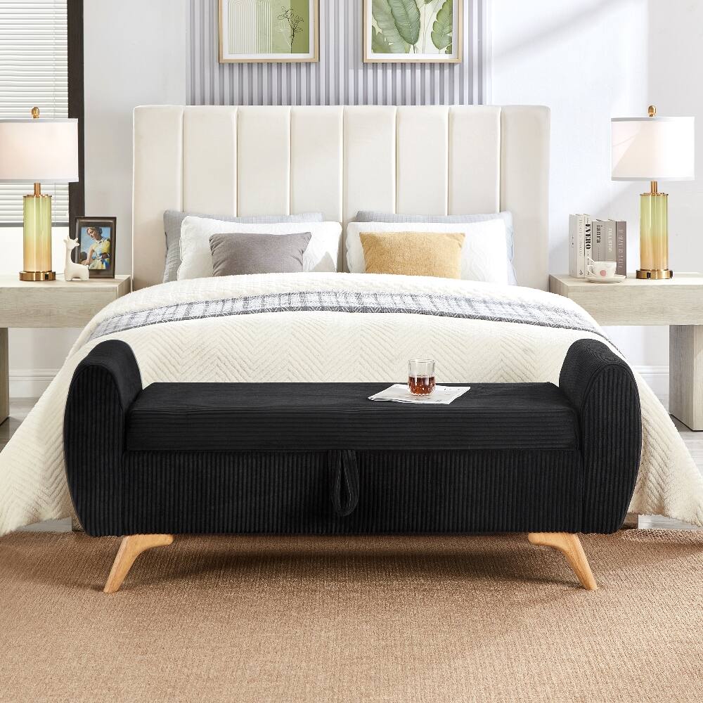 Angle. Ropilly - Ropilly 57 Inch Black Corduroy Upholstered Storage Bench with Wood Legs, End of Bed Bench for Bedroom and Entryway - Black.