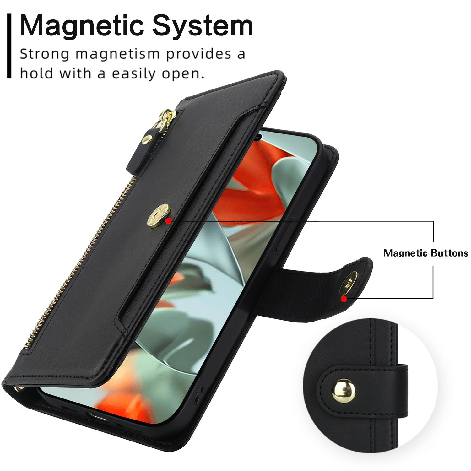 Magnetic System  
Strong magnetism provides a hold with a easily open.  

Magnetic Buttons