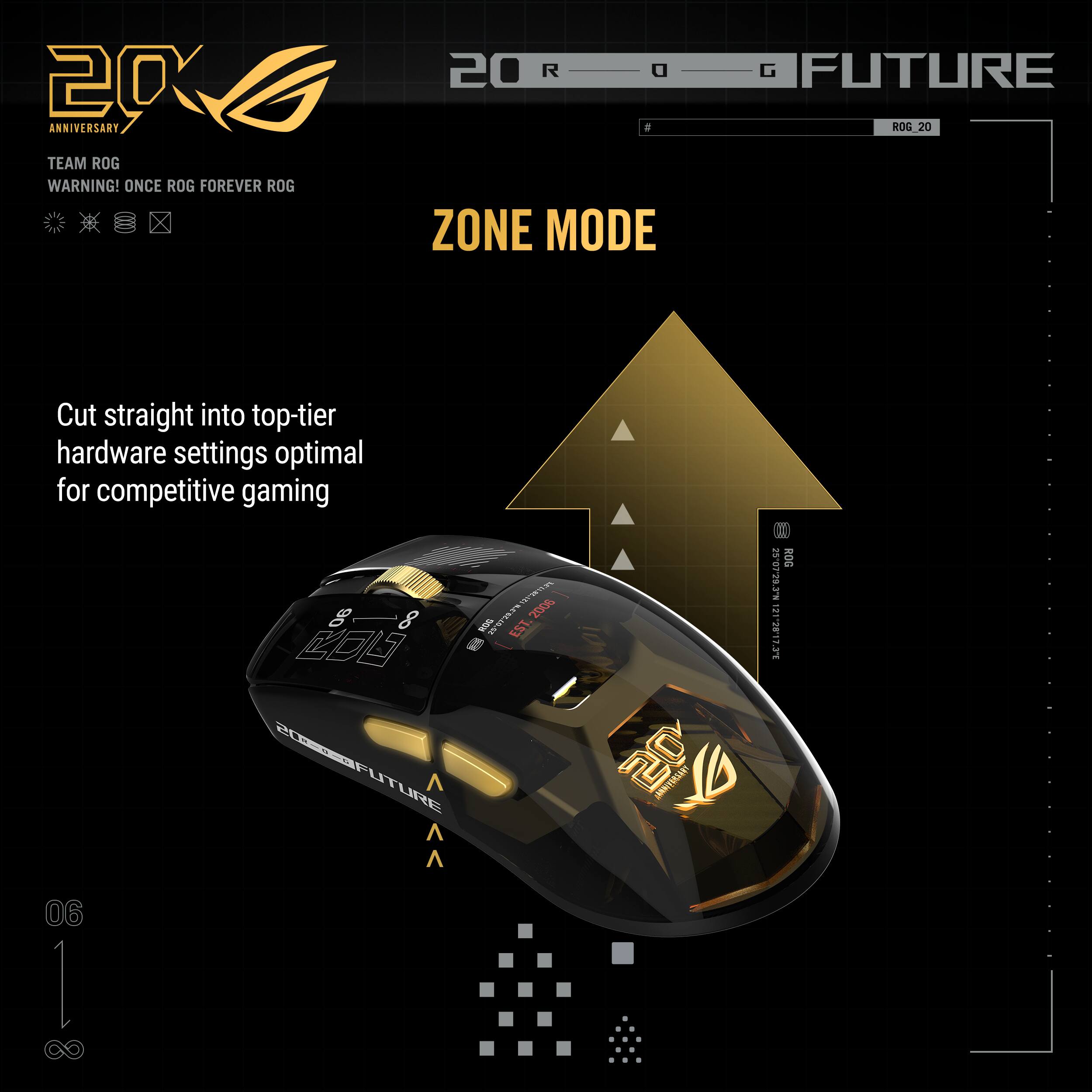 20 ANNIVERSARY  
TEAM ROG  
WARNING! ONCE ROG FOREVER ROG  

ZONE MODE  

Cut straight into top-tier hardware settings optimal for competitive gaming  

EST. 2006  

ROG FUTURE  
ROG 20