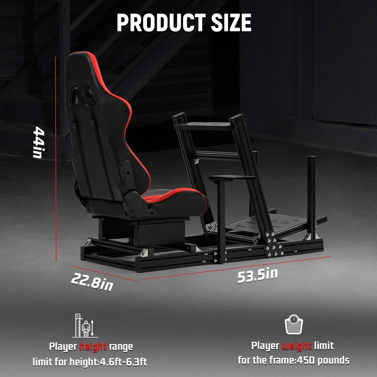 PRODUCT SIZE  
44in  
22.8in  
53.5in  

Player height range limit for height: 4.6ft-6.3ft  
Player weight limit for the frame: 450 pounds