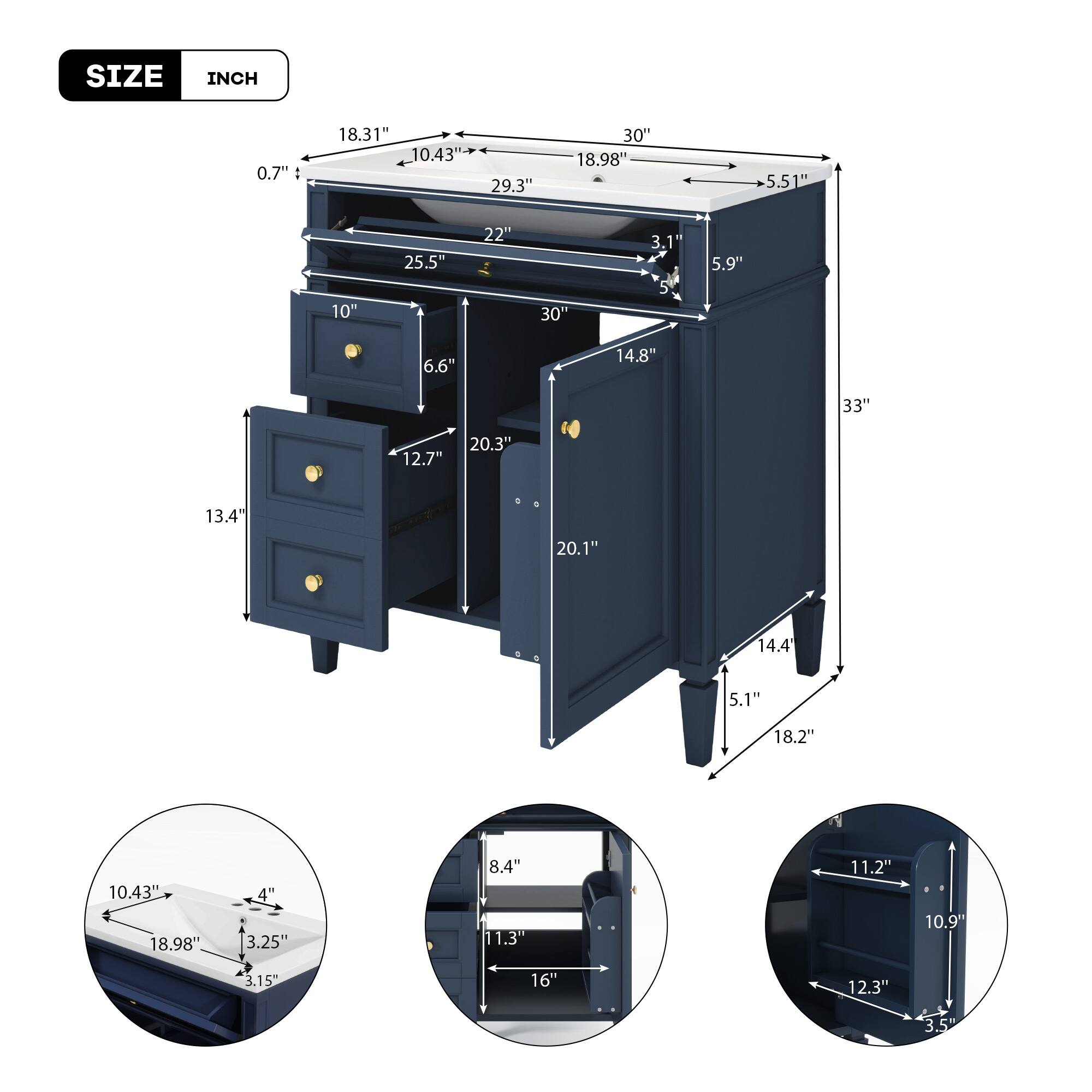 Sure, here is the corrected and grouped text from the image:

**SIZE INCH**

- 0.7"
- 18.31"
- 10.43"
- 29.3"
- 30"
- 18.98"
- 5.51"
- 10"
- 25.5"
- 22"
- 30"
- 3.1"
- 5.9"
- 6.6"
- 14.8"
- 33"
- 12.7"
- 20.3"
- 13.4"
- 20.1"
- 14.4"
- 5.1"
- 18.2"
- 10.43"
- 18.98"
- 4"
- 3.25"
- 8.4"
- 11.3"
- 11.2"
- 10.9"
- 3.15"
- 16"
- 12.3"
- 3.5"

**Additional Measurements:**

- 10.43" x 18.98" x 3.25" x 3.15"
- 8.4" x 11.3" x 16"
- 11.2" x 10.9" x 12.3" x 3.5"
