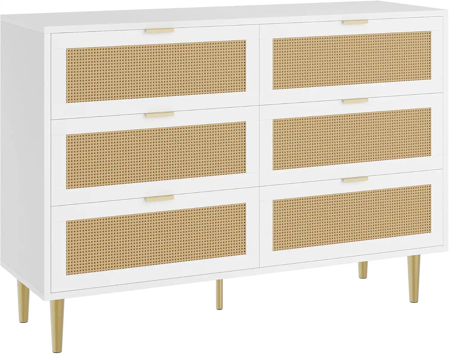 Alt View 4. Acekool - Natural Rattan 6-Drawer Dresser with Gold Legs & Handles, Wide Double Chest with Anti-Tipping Design, Living Room - White.