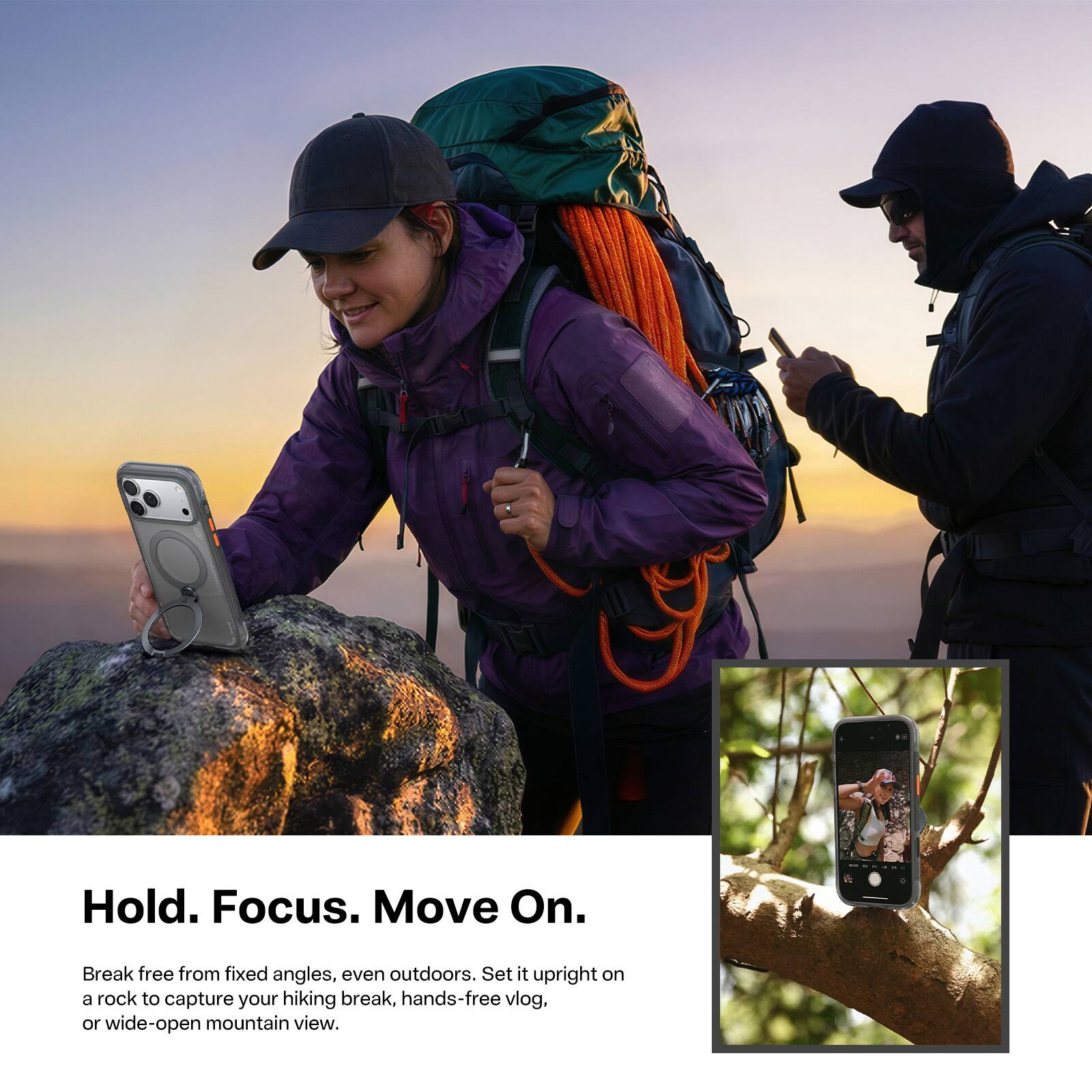 Hold. Focus. Move On.  
Break free from fixed angles, even outdoors. Set it upright on a rock to capture your hiking break, hands-free vlog, or wide-open mountain view.