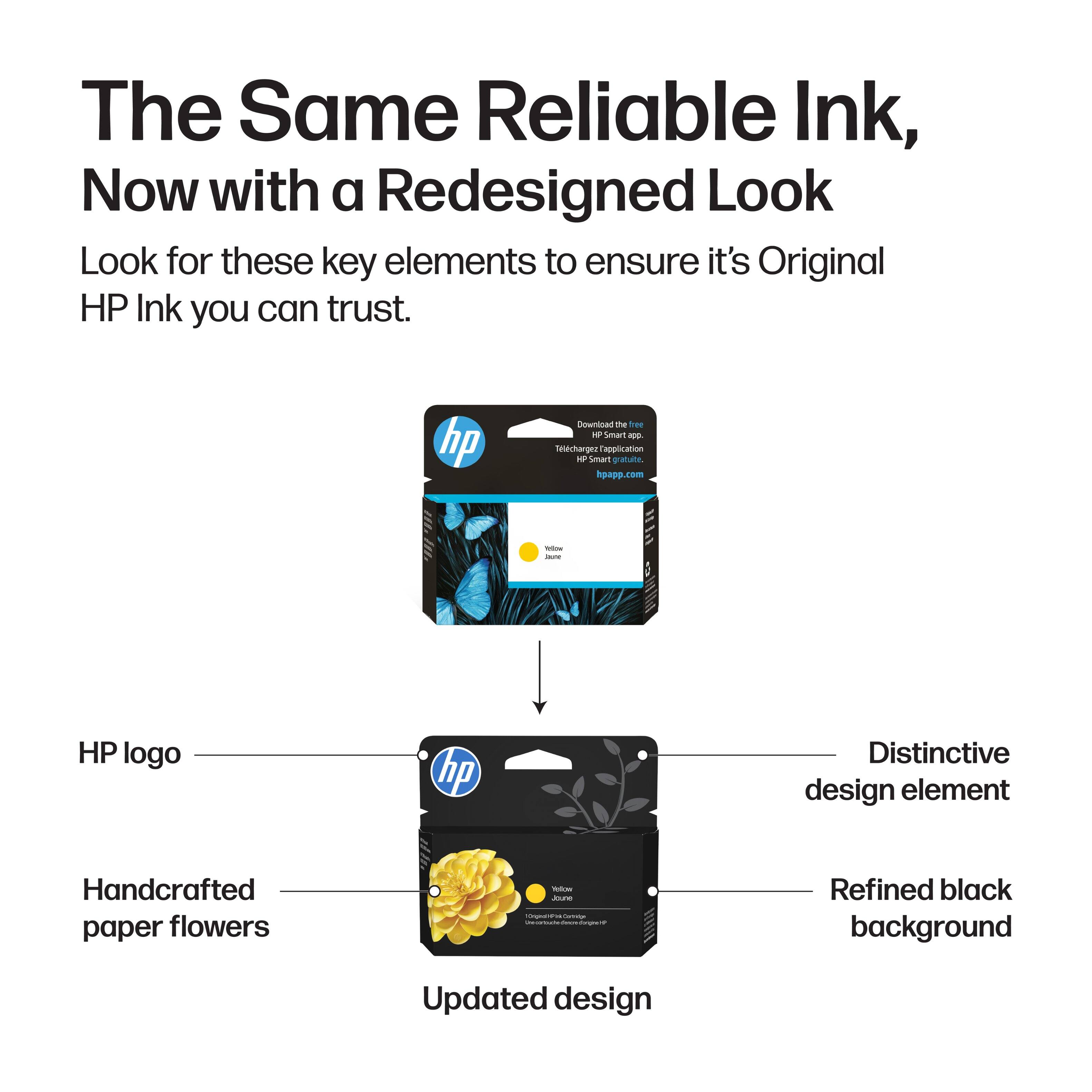 The Same Reliable Ink, Now with a Redesigned Look

Look for these key elements to ensure it's Original HP Ink you can trust.

- HP logo
- Handcrafted paper flowers
- Distinctive design element
- Refined black background
- Updated design

hp Dowtticad the Tee - Smant - necharger xoplication - Umart gratuite. hpapp.com