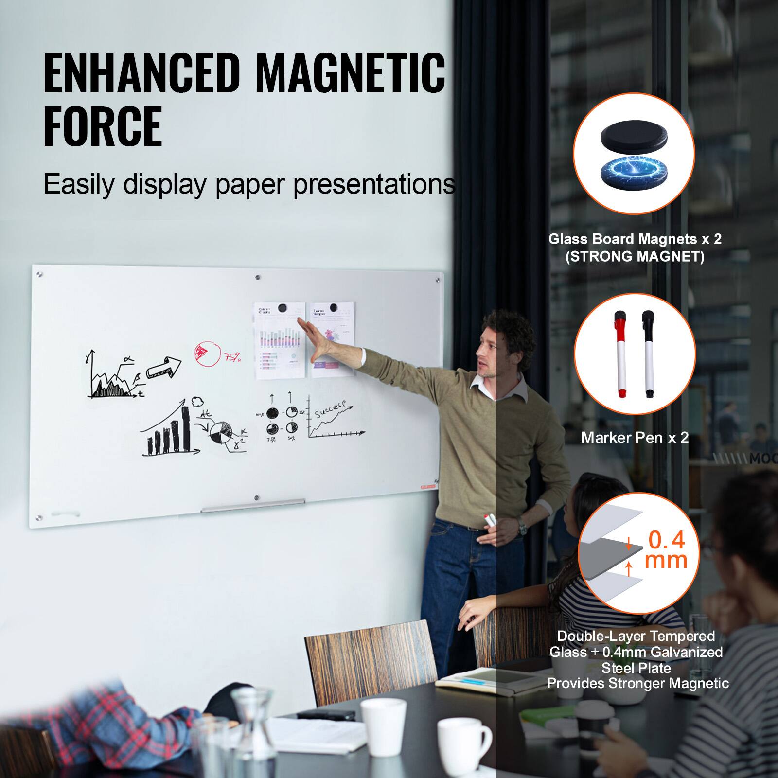 ENHANCED MAGNETIC FORCE  
Easily display paper presentations  

Glass Board Magnets x 2 (STRONG MAGNET)  
Marker Pen x 2  

Double-Layer Tempered Glass + 0.4mm Galvanized Steel Plate  
Provides Stronger Magnetic