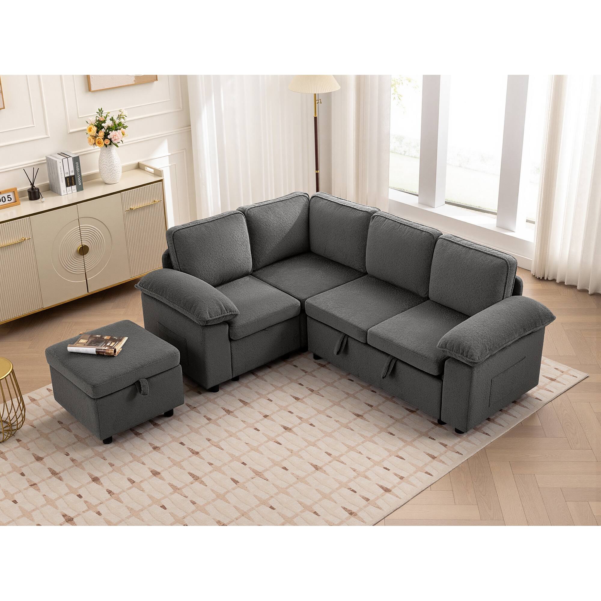 Alt View 5. KERDOM - Combined Convertible L-Shape Sofa with Storage Chaise for Living Room, Modular Sectional Sleeper Couch with Pull Out Bed - Grey-E.