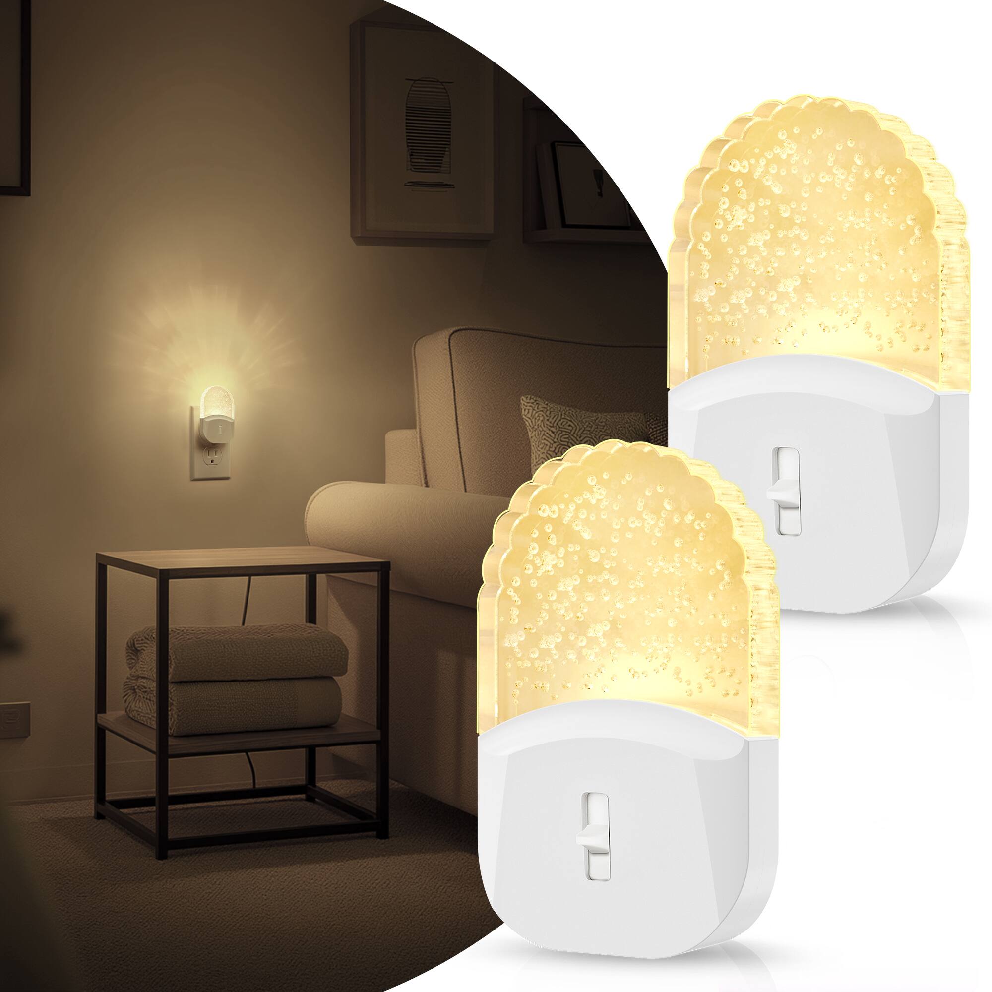 Angle. Jandcase - JANDCASE 2-Pack 0.5W  Plug-in Night Light, 3000K Warm Glow, Acrylic Decorative Design,  0-100%, Dusk-to-Dawn Sensor - White.
