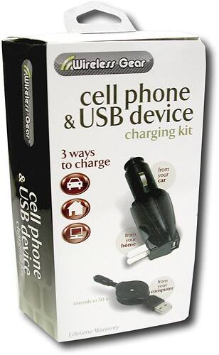 Angle Standard. Wireless Gear - 3-in-1 USB Charger for Select Cell Phones.