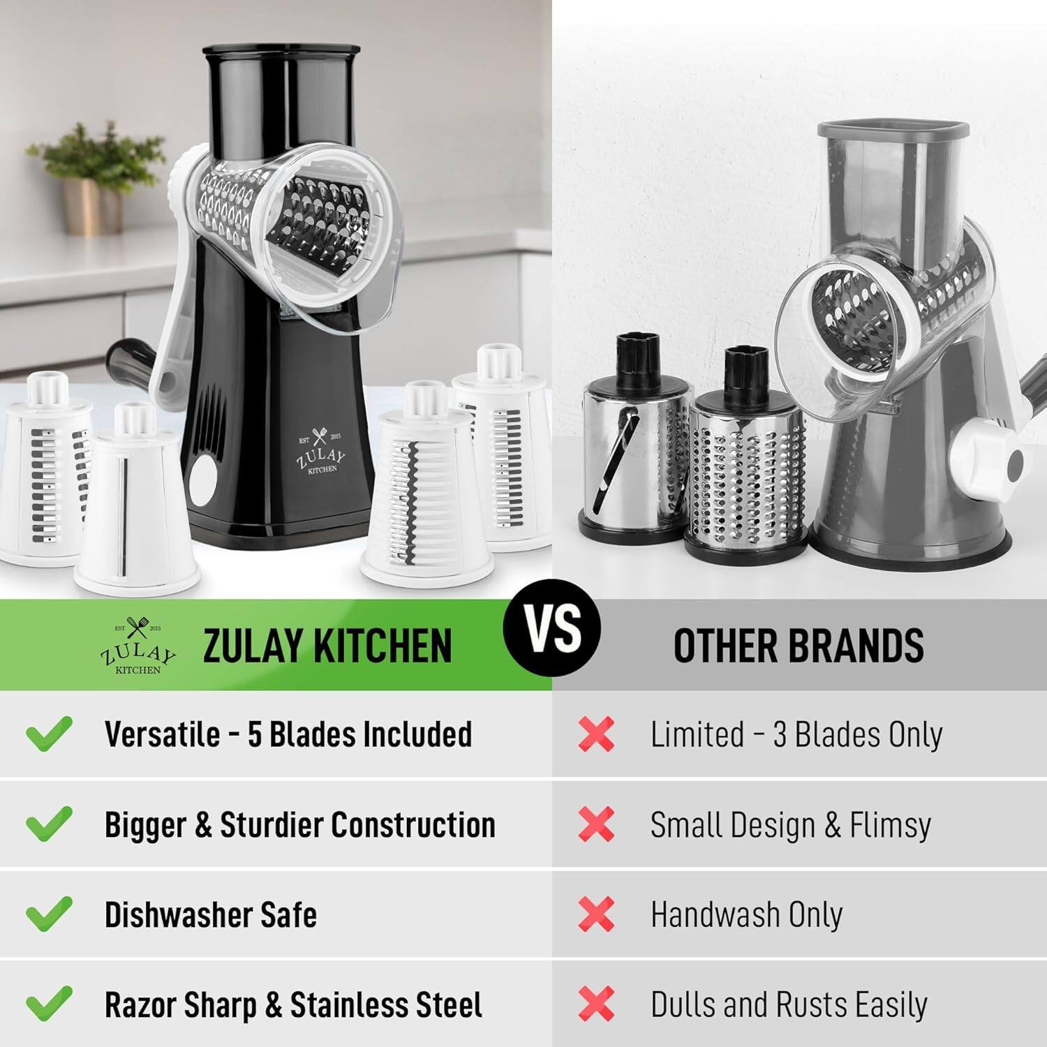 ZULAY KITCHEN vs OTHER BRANDS

- Versatile - 5 Blades Included
- Bigger & Sturdier Construction
- Dishwasher Safe
- Razor Sharp & Stainless Steel

vs

- Limited - 3 Blades Only
- Small Design & Flimsy
- Handwash Only
- Dulls and Rusted Easily