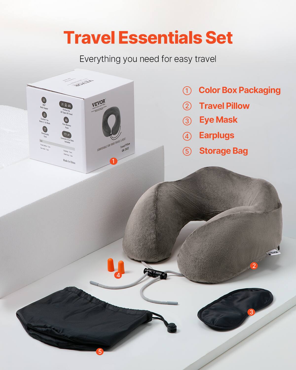Travel Essentials Set  
Everything you need for easy travel  

1. Color Box Packaging  
2. Travel Pillow  
3. Eye Mask  
4. Earplugs  
5. Storage Bag