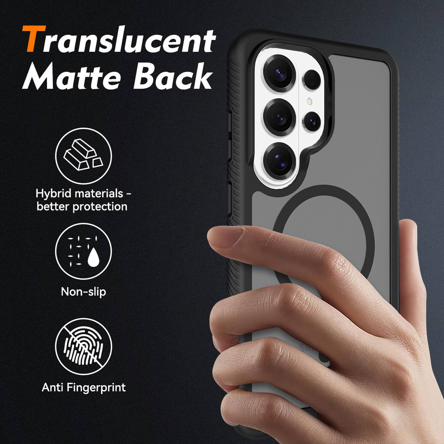 Translucent Matte Back  
Hybrid materials - better protection  
Non-slip  
Anti Fingerprint