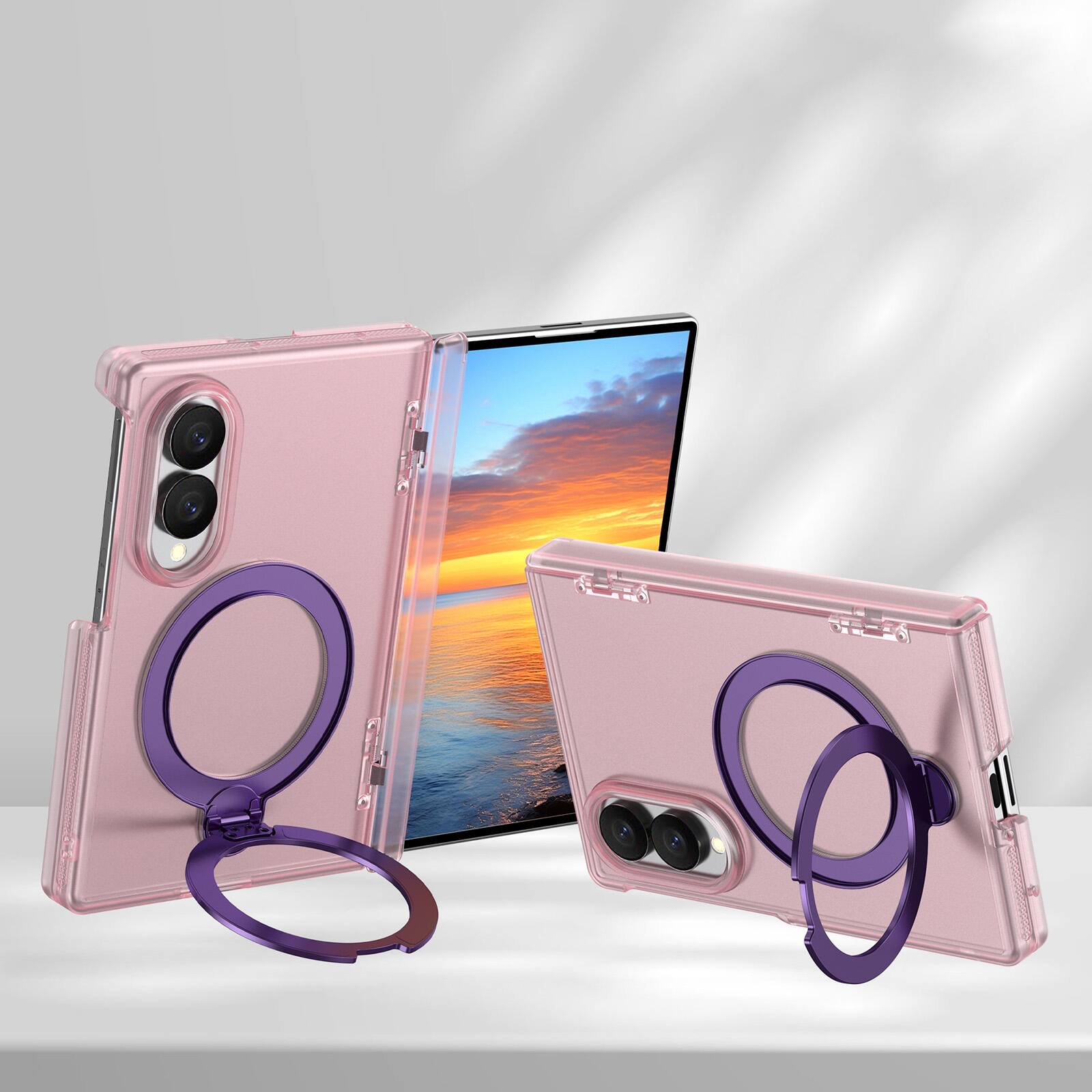 Angle. Dteck - Shockproof Frosted Phone Case for Samsung Galaxy Z Fold8 with Ring Stand, Rugged Slim Magnetic Rigid Plastic Hinge Cover - Mattepink.