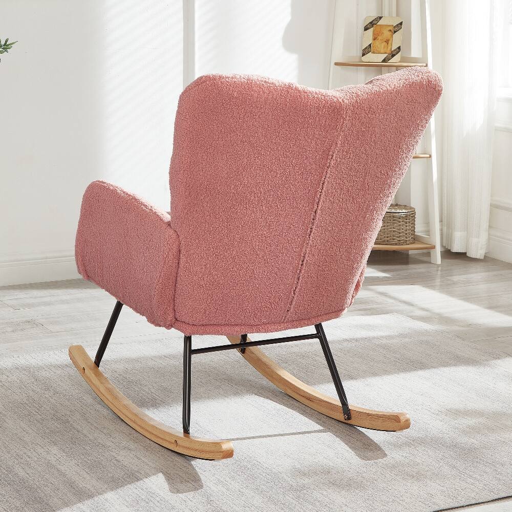 Back. Loheer - Loheer Pink Teddy Fabric Rocking Chair Tufted Upholstered Glider Accent Chair with Metal Frame - Pink.