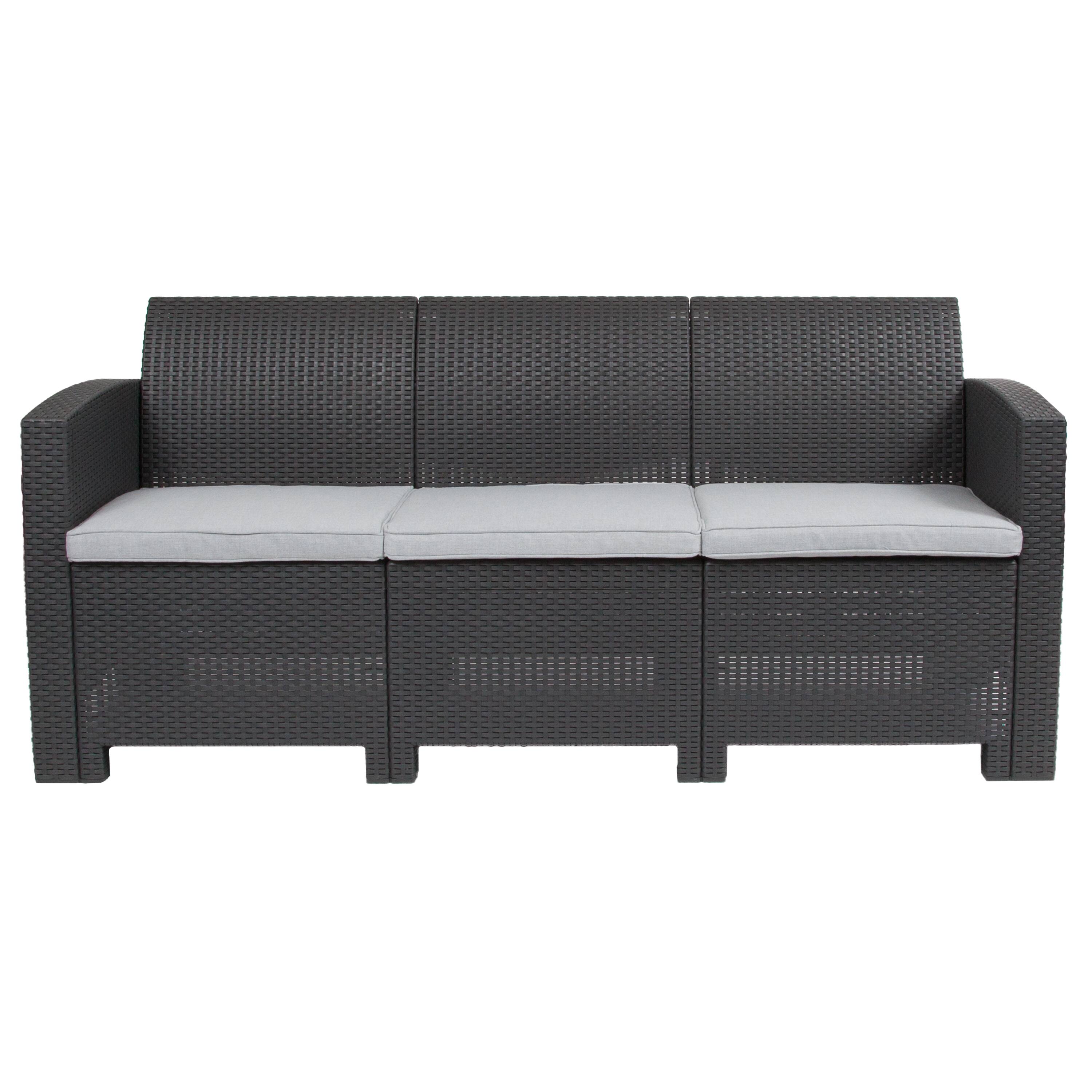 Alt View 7. Emma + Oliver - Faux Rattan Sofa with All-Weather Cushions - Dark Gray.