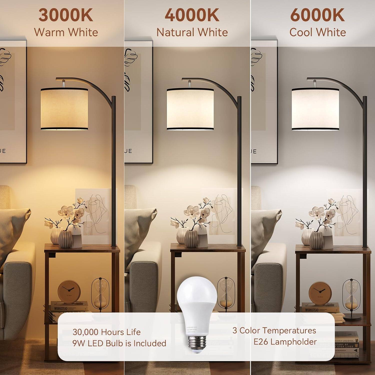 3000K Warm White  
4000K Natural White  
6000K Cool White  

30,000 Hours Life  
9W LED Bulb is Included  

3 Color Temperatures  
E26 Lampholder