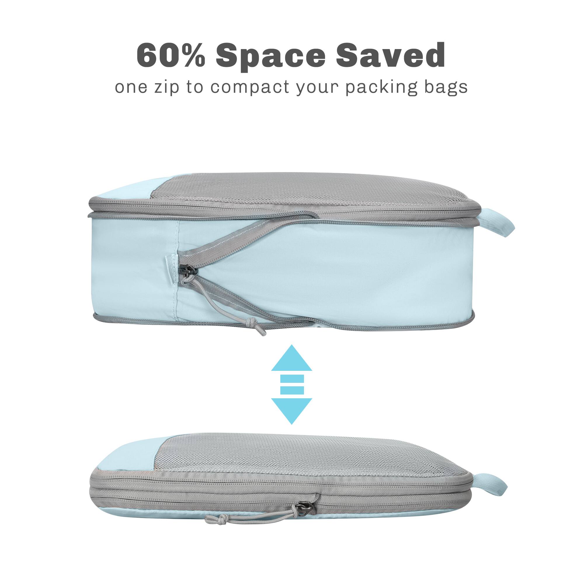 60% Space Saved  
one zip to compact your packing bags