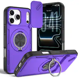 Dteck - Rotating Ring Kickstand For iPhone 17 Pro Max Case, Magnetic Shockproof Hard PC TPU Bumper Cover - Purple
