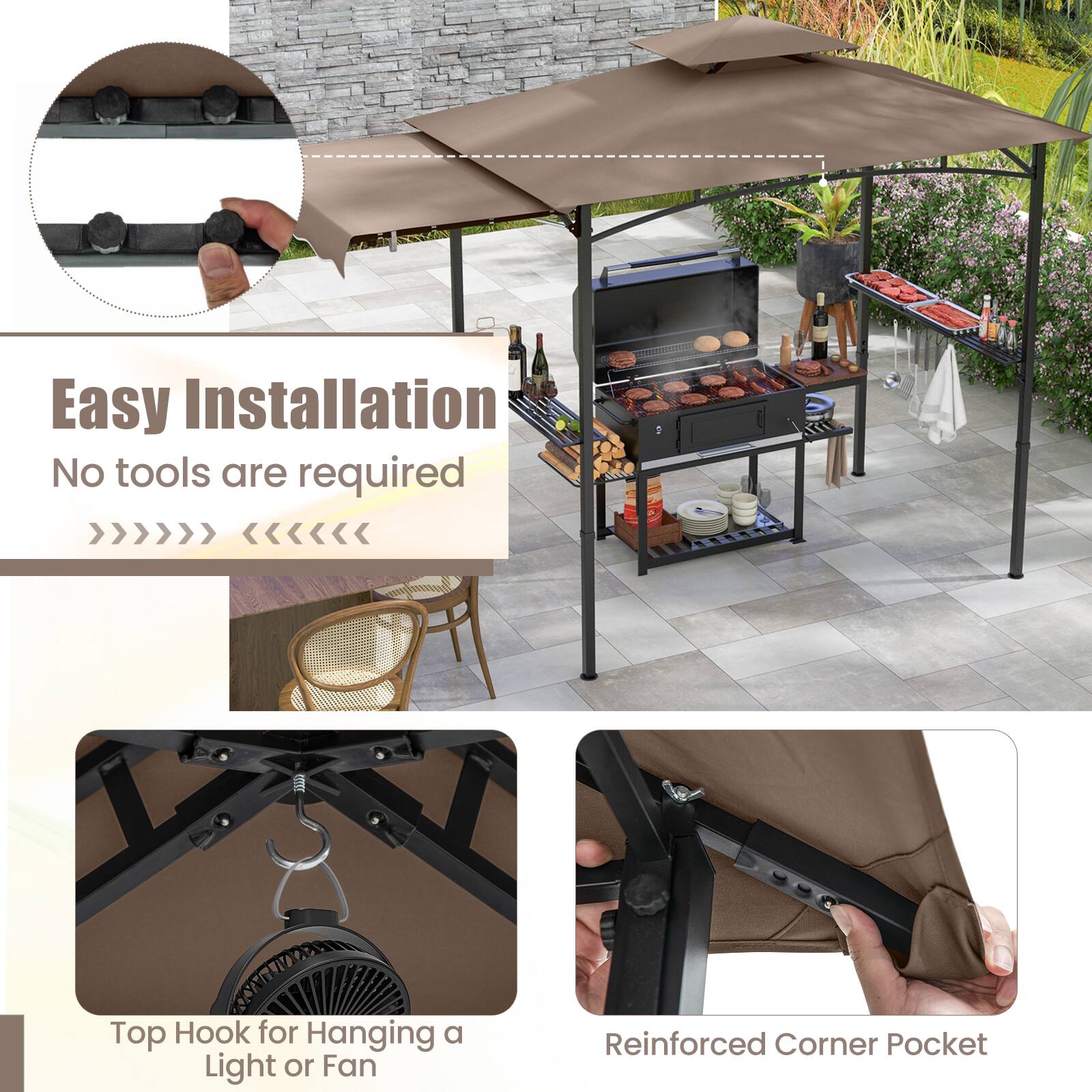 Easy Installation  
No tools are required  

Top Hook for Hanging a Light or Fan  

Reinforced Corner Pocket