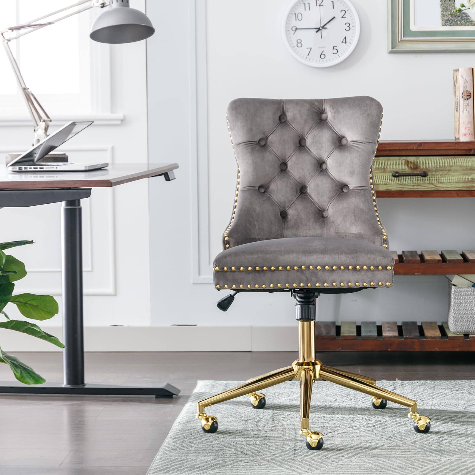 Alt View 1. Ecooso - Velvet Upholstered Tufted Button Home Office Chair with Golden Metal Base,Adjustable  Chair Swivel  (Gray) - Gray.