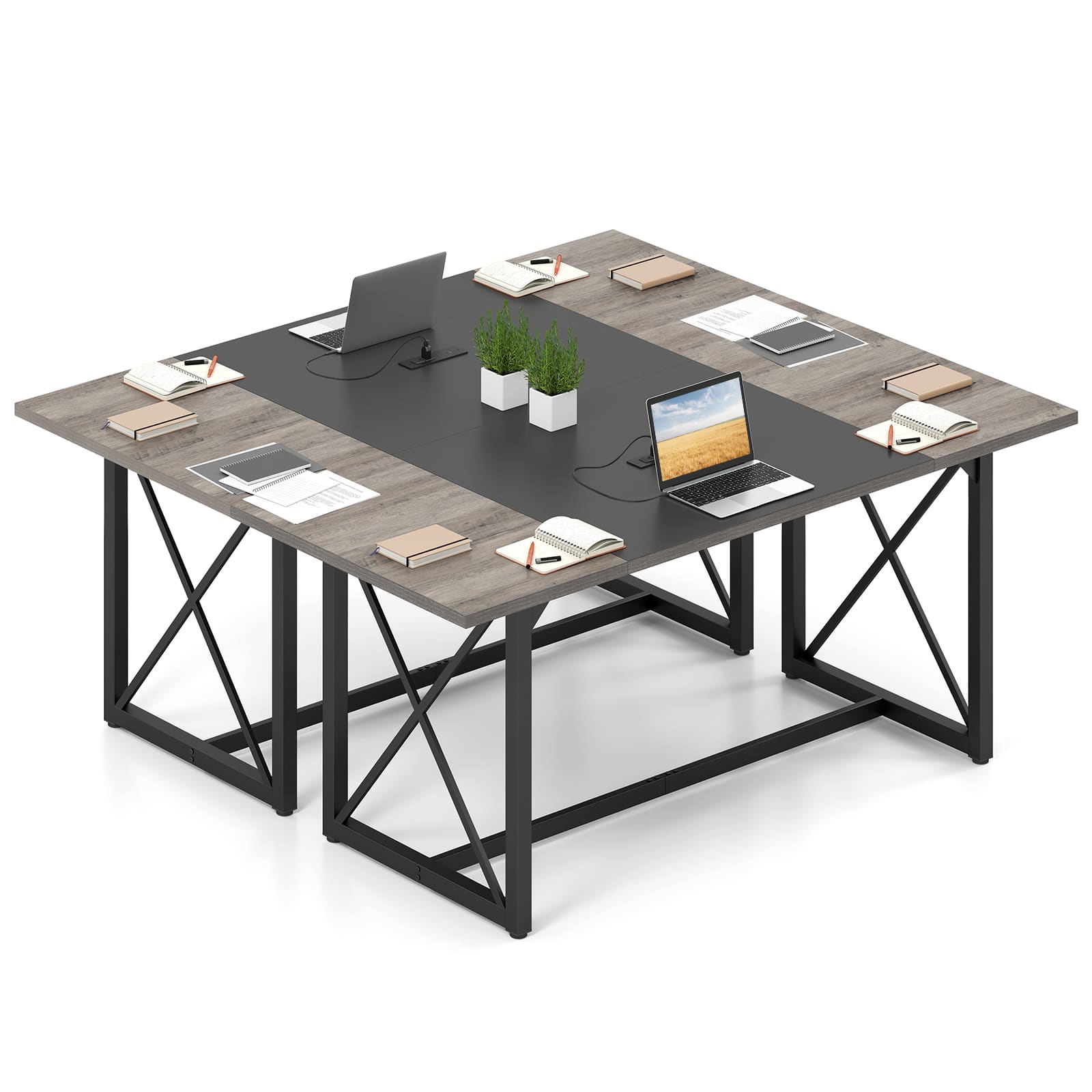 Costway - 2 PCS Conference Table with Power Outlets, Thickened Top & Heavy-duty Metal Frame - Gray Oak