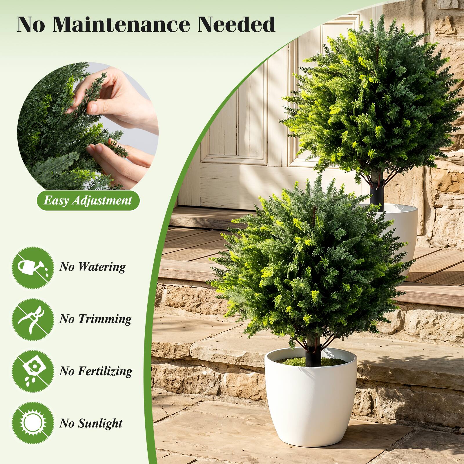 No Maintenance Needed

Easy Adjustment

No Watering

No Trimming

No Fertilizing

No Sunlight