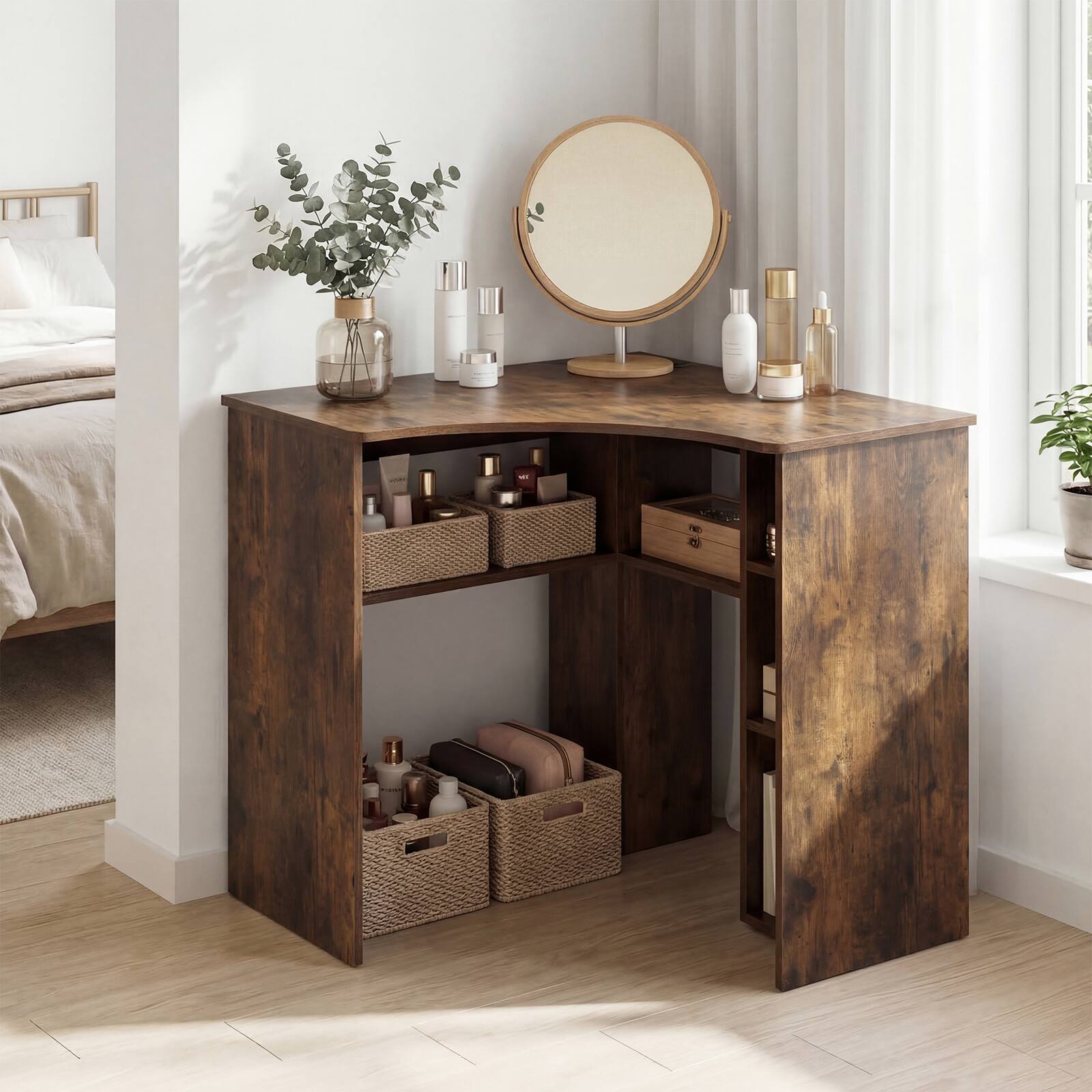 Alt View 1. Costway - Costway Corner Desk with Charging Station, Ergonomic Curved Edge & Open Storage Shelves - Rustic Brown.