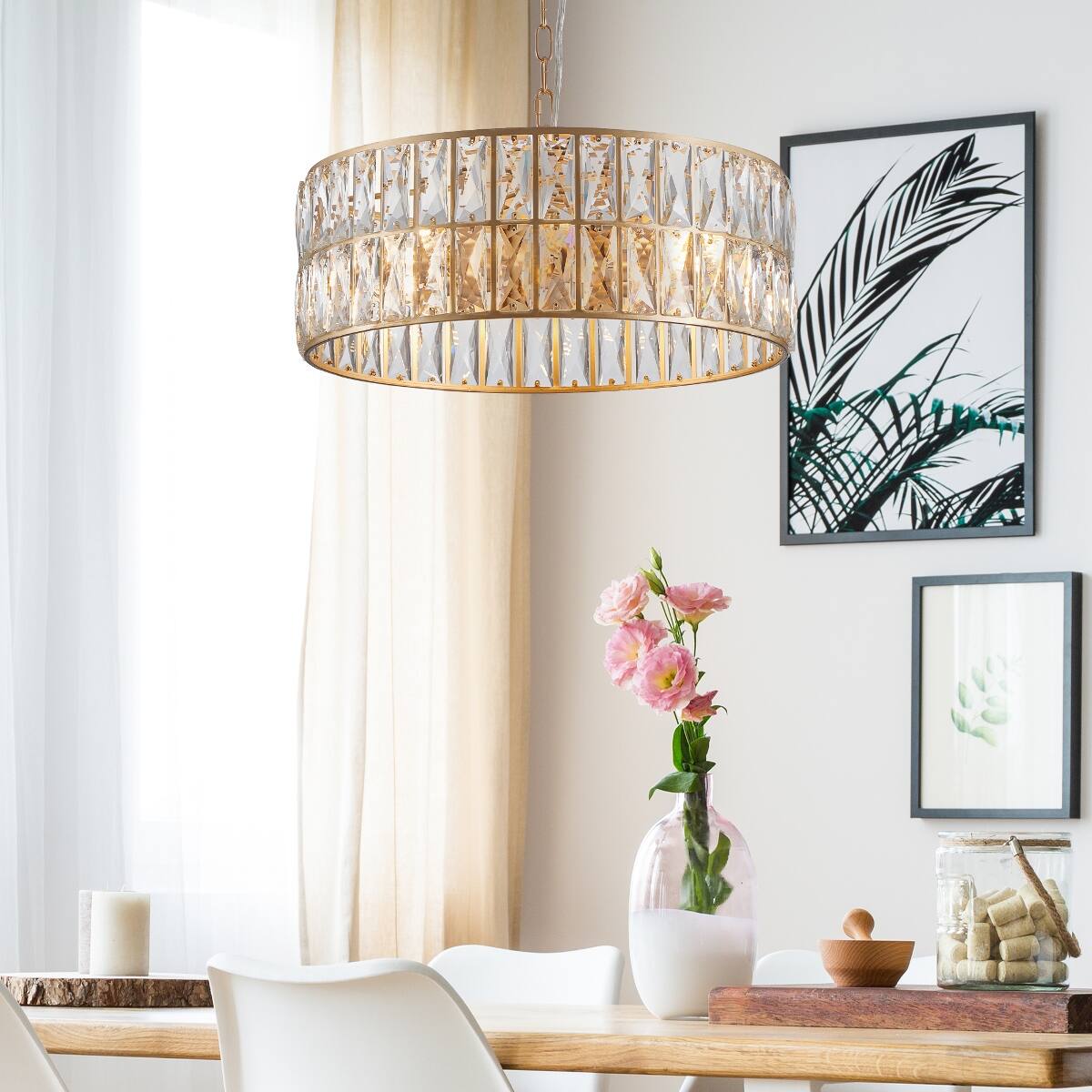 Loheer 18 Inch Gold Crystal Drum Chandelier, 6 Light Pendant Fixture ...