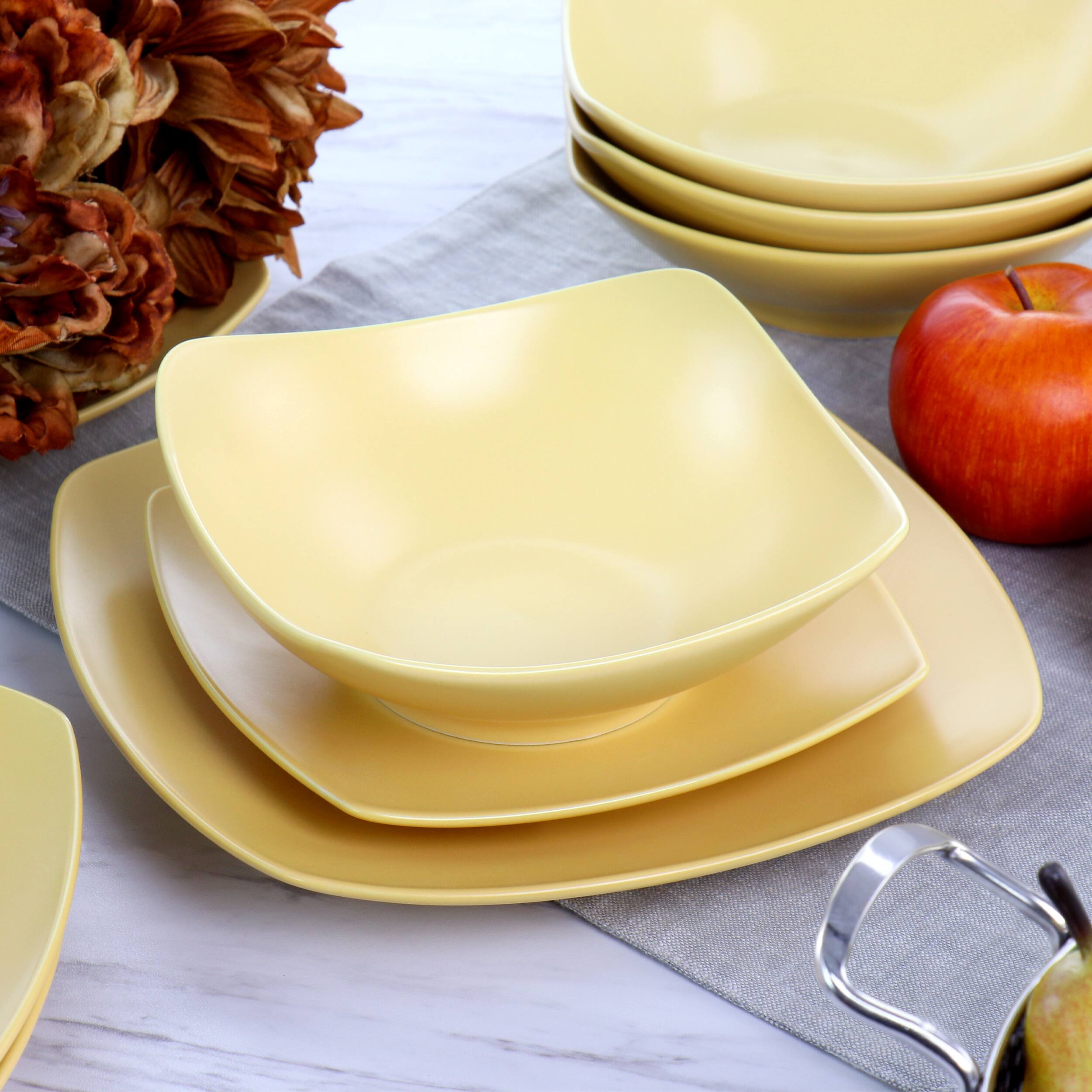 Alt View 6. Gibson - Gibson Home Zen Buffetware 12 Piece Square Fine Ceramic Dinnerware Set in Matte Yellow - Yellow.