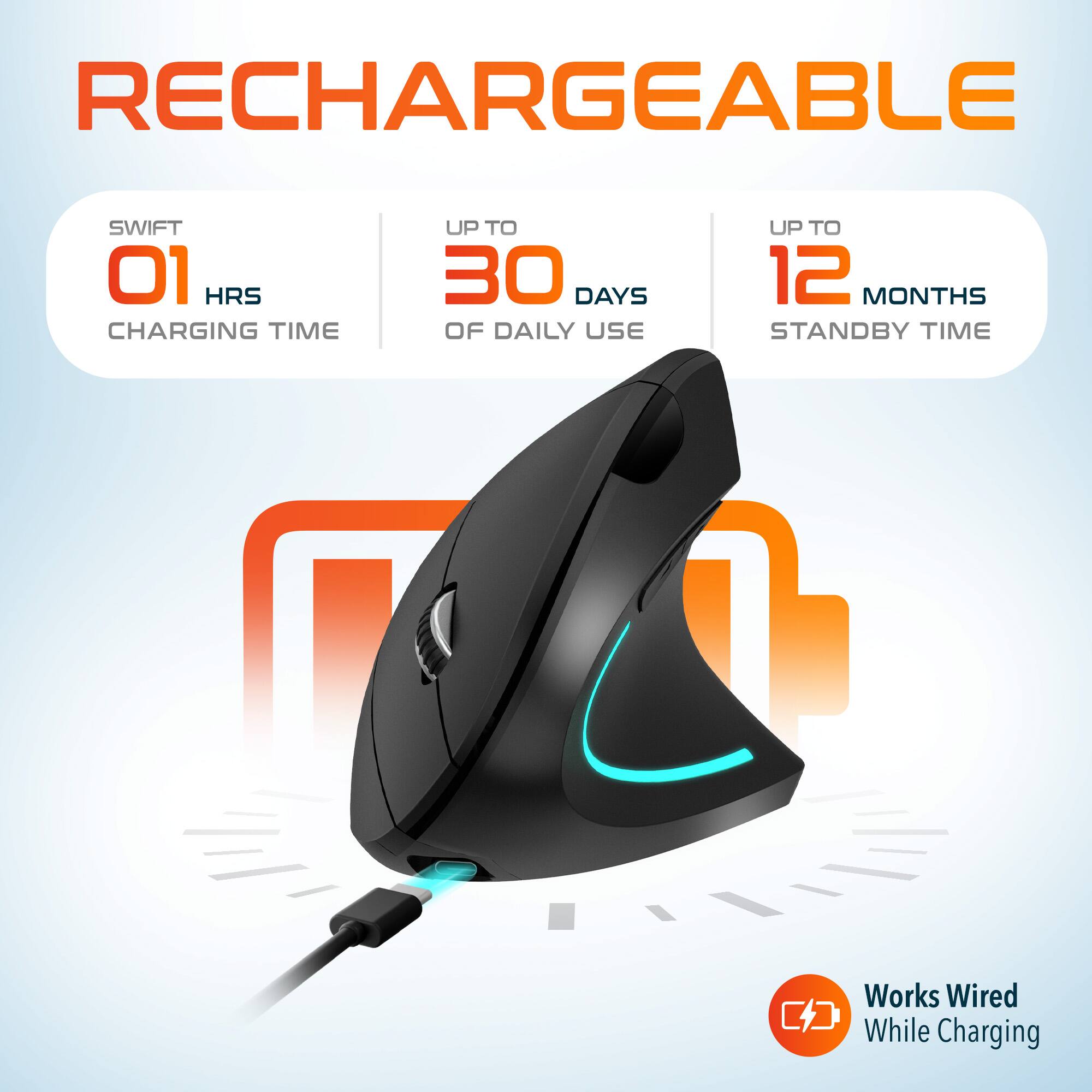 RECHARGEABLE SWIFT 01 HRS CHARGING TIME UP TO 30 DAYS OF DAILY USE UP TO 12 MONTHS STANDBY TIME Works Wired While Charging