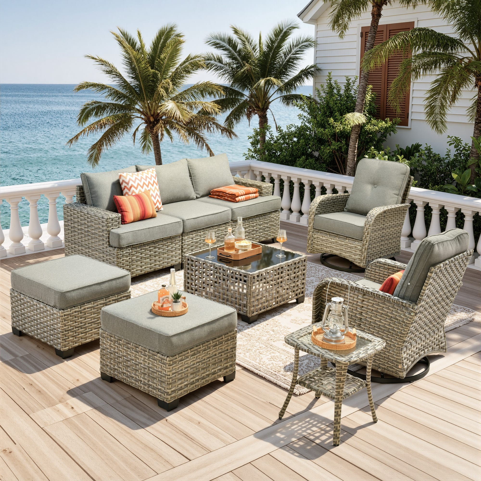 Ovios - 9 PCS Patio Furniture Set Sectional Sofa with Swivel Rocking Chairs and Coffee Table - Dark Gray
