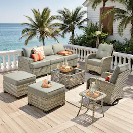 Ovios - 9 PCS Patio Furniture Set Sectional Sofa with Swivel Rocking Chairs and Coffee Table - Dark Gray
