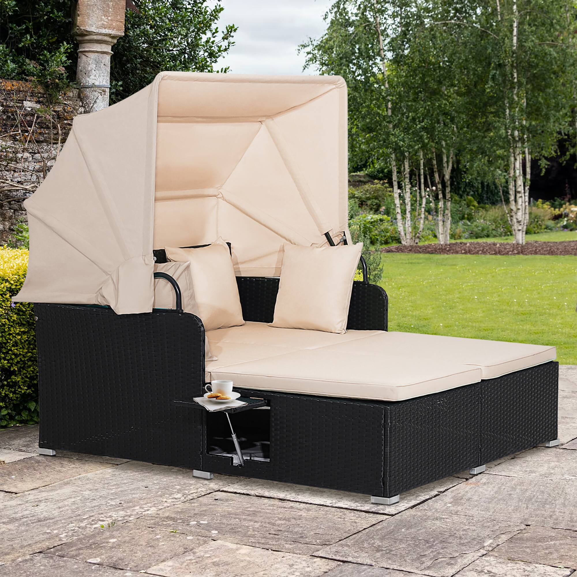 Alt View 1. Gymax - Gymax Patio Rattan Daybed Lounge Retractable Top Canopy Side Tables Cushions Beige - Beige.