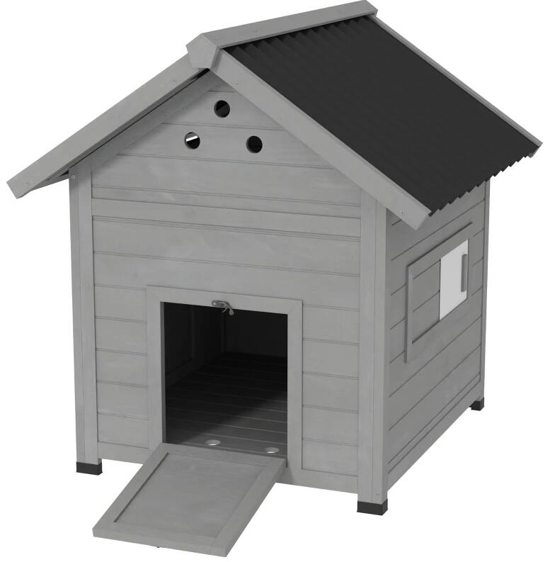 Angle. TinyHomie - Light Gray Wooden Pet House Openable Roof Double Doors.