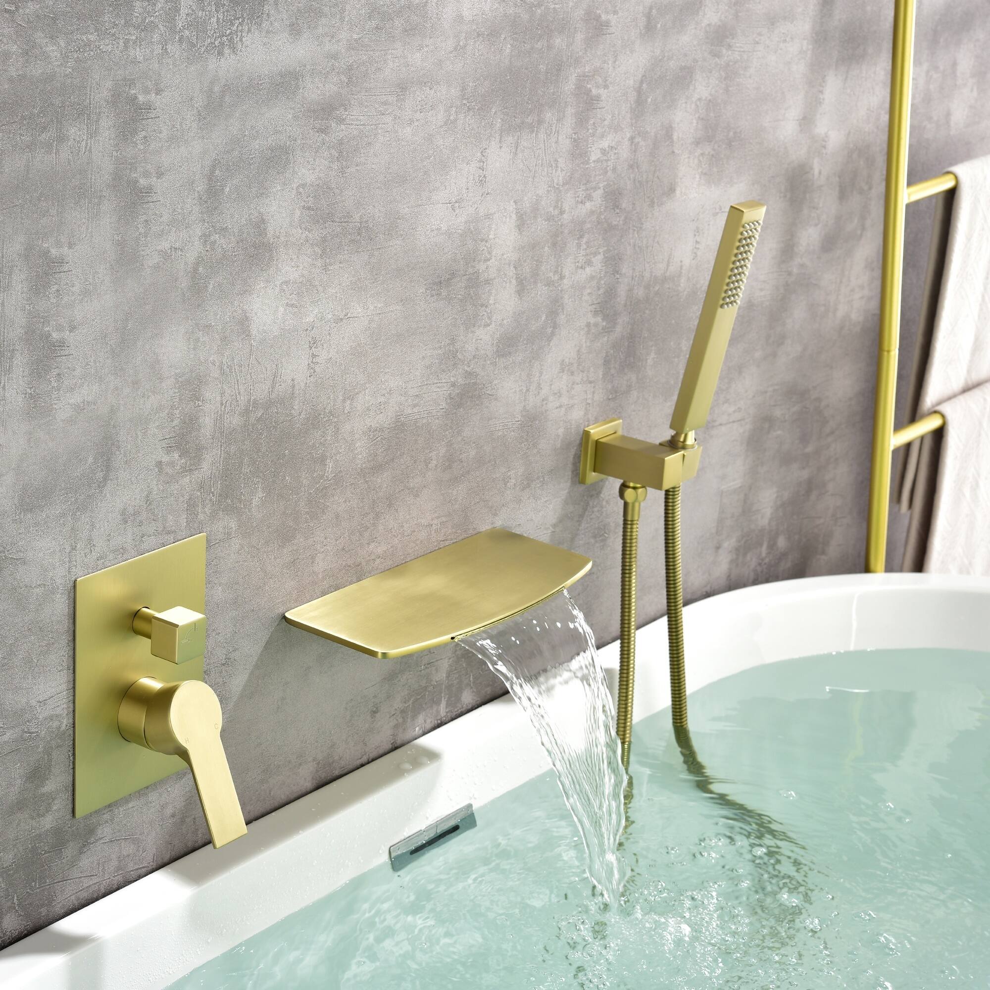 Alt View 3. Boyel Living - Brushed Gold Wall Mount Bathtub Faucet Brass SUS304 2-Function Valve Handheld 60-Inch Steel Hose cUPC - Brushed Gold.