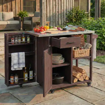 Front. Anysun - Fir Wood Outdoor Kitchen Island Cart with Stainless Top - Lockable, Ample Storage, Towel & Spice Racks for Patio..